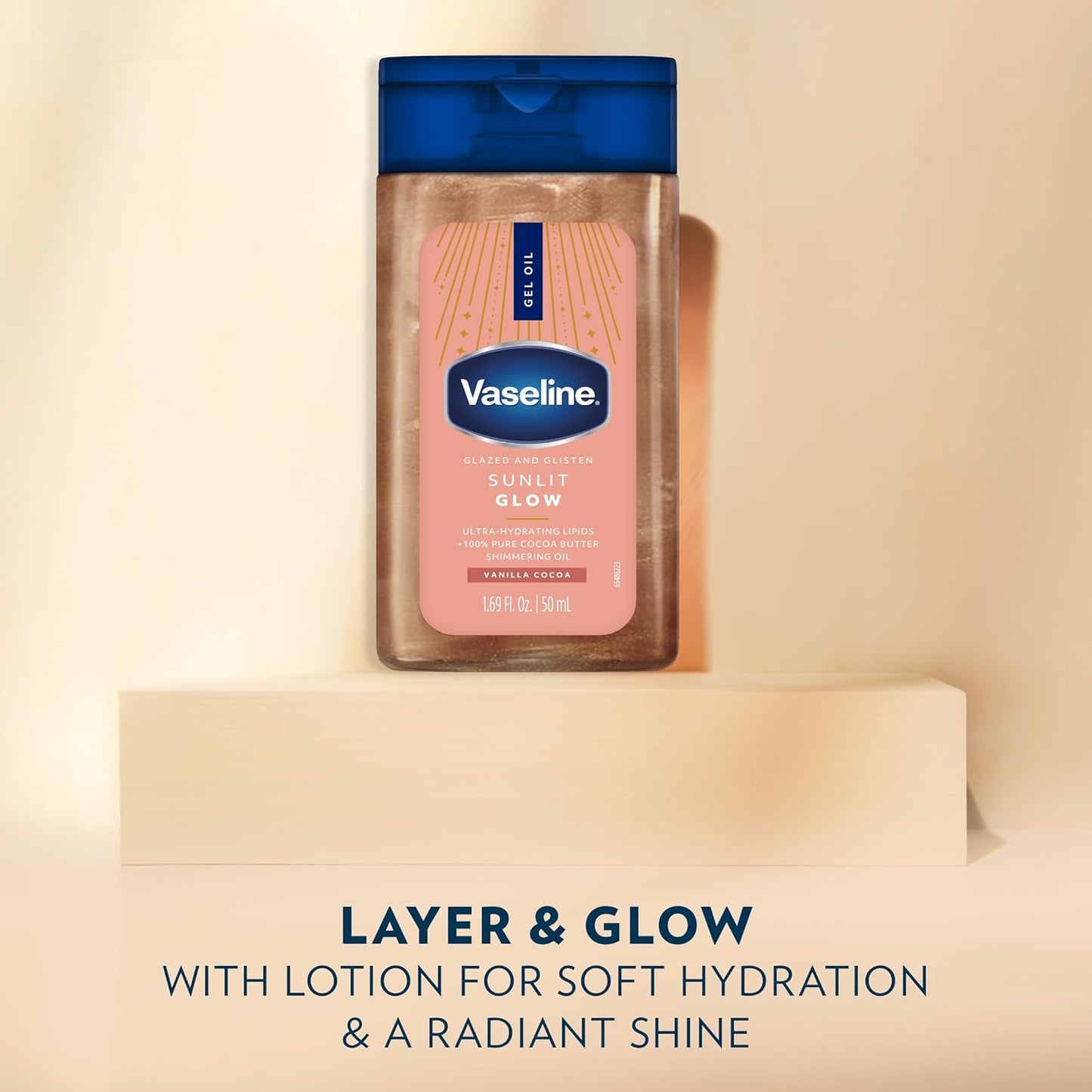 Vaseline Glazed and Glisten Sunlit Glow Body Gel Oil, Ultra-Hydrating Lipids with 100% Pure Cocoa Butter and Shimmering Oil, Vanilla Cocoa Scent, 1.69 Fl Oz, 3 Pack