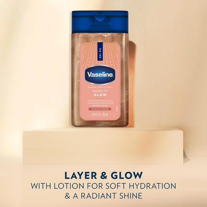 Vaseline Glazed and Glisten Sunlit Glow Body Gel Oil, Vanilla Cocoa Scent, 100% Pure Cocoa Butter with Shimmering Oil, 1.69 Fl Oz, 6 Pack