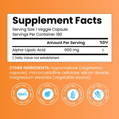 Doctor's Best Alpha Lipoic Acid Supplement 600mg, Non GMO, 180 Veg Capsules