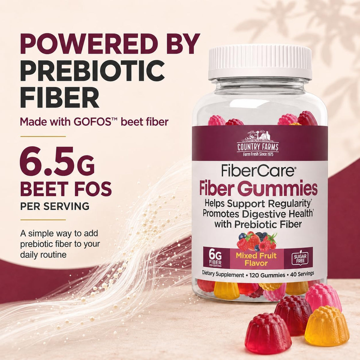 Country Farms Fiber Care Prebiotic Gummies, 6g of Fiber Per Serving, FOS from Beets, Digestive Health, Supports Regularity, Mixed Fruit Flavor