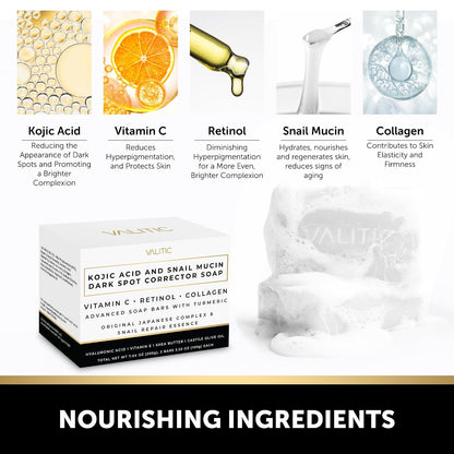VALITIC Snail Mucin Kojic Acid Soap Bar, Anti Aging Tone Corrector 4 Pack
