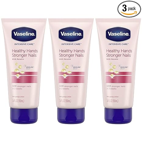 Vaseline Lotion, Healthy Hands Stronger Nails with Keratin 3-Pack – Intensive Care Hand Lotion with Petroleum Jelly, 3.4 Oz Ea