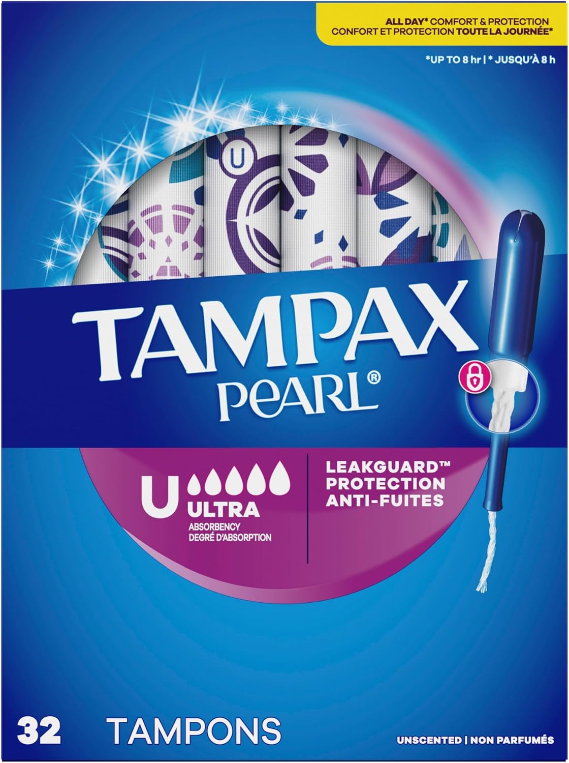 Tampax Pearl Tampons Ultra Absorbency with Leakguard Braid, Unscented, 32Count