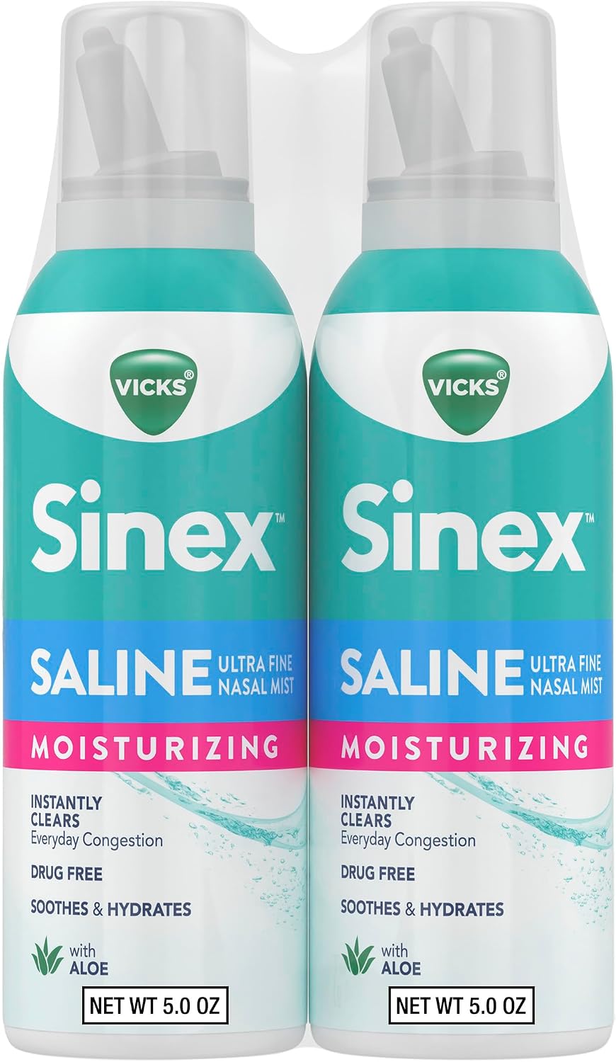 Vicks Sinex Saline Moisturizing Nasal Spray, with Aloe, Drug Free Ultra Fine Mist, Clear Everyday Sinus Congestion Fast, Clear Mucus from a Cold or Allergy, 5 OZ x 2