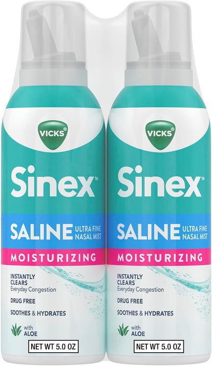 Vicks Sinex Saline Moisturizing Nasal Spray, with Aloe, Drug Free Ultra Fine Mist, Clear Everyday Sinus Congestion Fast, Clear Mucus from a Cold or Allergy, 5 OZ x 2