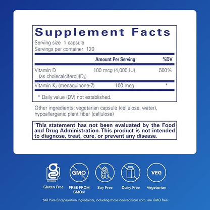 Pure Encapsulations Magnesium (Glycinate) Supplement (90 Capsules) & Vitamin D3 & K2 Supplement (120 Capsules) - Supports Cardiovascular, Musculoskeletal & Neurocognitive Health - Gluten-Free, Non-GMO
