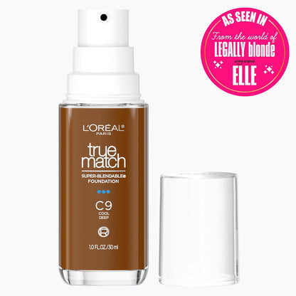 L'Oreal Paris True Match Super-Blendable Foundation, Medium Coverage Liquid Foundation Makeup, C9, Deep, 1 Fl Oz