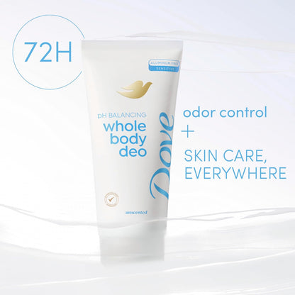 Dove Whole Body Deodorant Aluminum Free pH Balancing Cream Deodorant Unscented for 72h Odor Control 2.5 oz