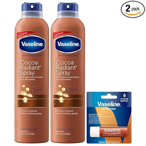 Vaseline Cocoa Radiant Spray 2-Pack for Dry Skin + Vaseline Lip Therapy Cocoa Butter Lip Balm (3 Piece Set)