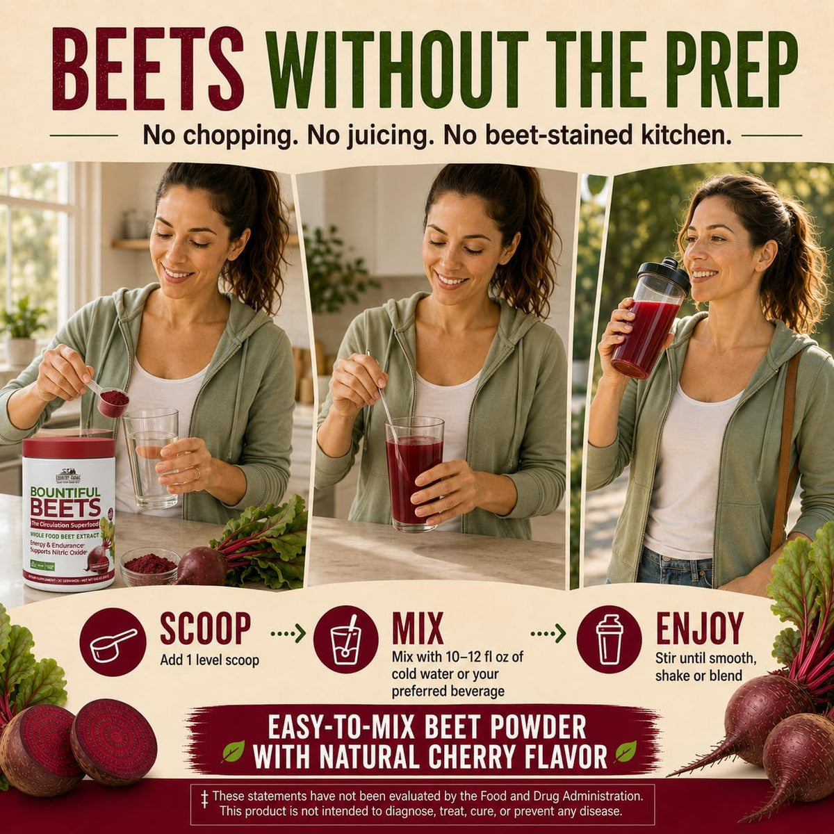 Country Farms Bountiful Beets, Wholefood Beet Extract Superfood, Helps Support Healthy Circulation and Promote Energy, Nitric Oxide Boost, Cherry Flavor, 30 Servings