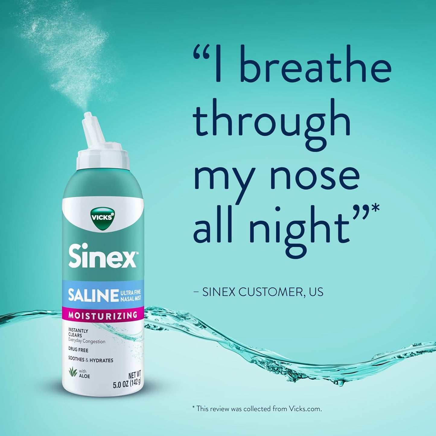 Vicks Sinex Saline Moisturizing Nasal Spray, with Aloe, Drug Free Ultra Fine Mist, Clear Everyday Sinus Congestion Fast, Clear Mucus from a Cold or Allergy, 5 OZ x 2