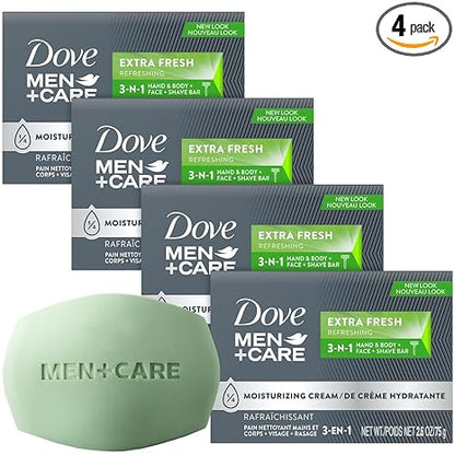 Dove Men+Care Soap Bar, Extra Fresh Scent 4-Pack – Hydrating 3-in-1 Body, Hand, and Face Cleanser for Men, 2.6 Oz Ea