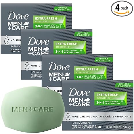 Dove Men+Care Soap Bar, Extra Fresh Scent 4-Pack – Hydrating 3-in-1 Body, Hand, and Face Cleanser for Men, 2.6 Oz Ea