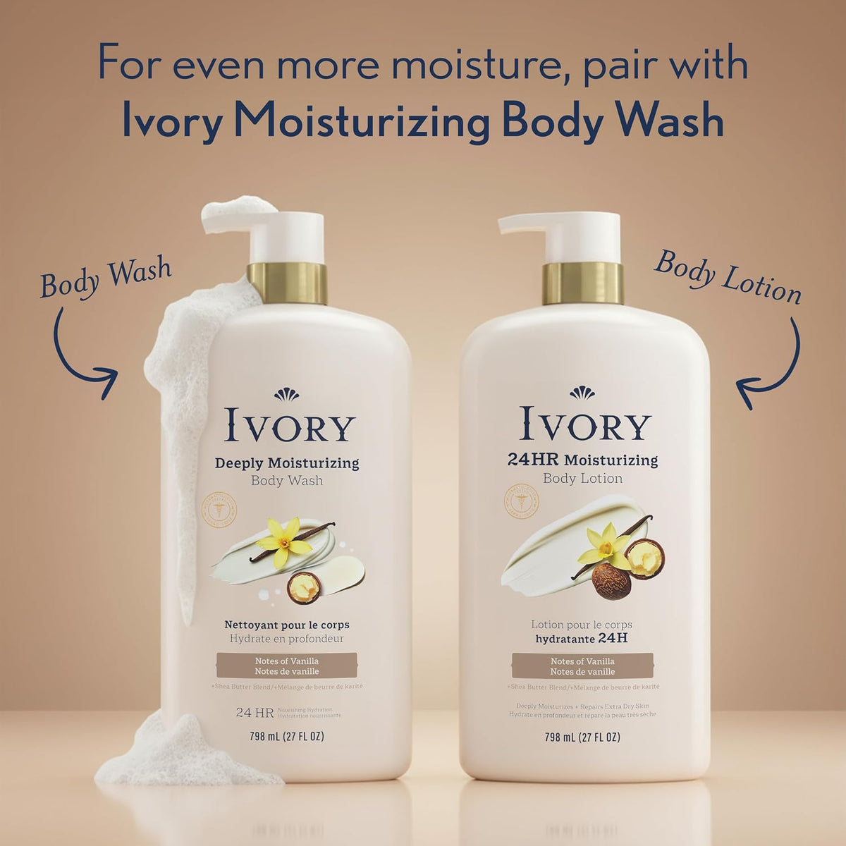 Ivory Hand & Body Lotion, 24hr Moisturizing, Repairs Extra Dry Skin, All Day Hydration, Lightweight Formula, Absorbs Instantly, Perfect for Daily Use, Shea Butter Blend, Vanilla Scent, 27 fl oz