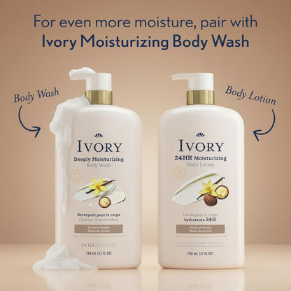 Ivory Hand & Body Lotion, 24hr Moisturizing, Repairs Extra Dry Skin, All Day Hydration, Lightweight Formula, Absorbs Instantly, Perfect for Daily Use, Shea Butter Blend, Vanilla Scent, 27 fl oz