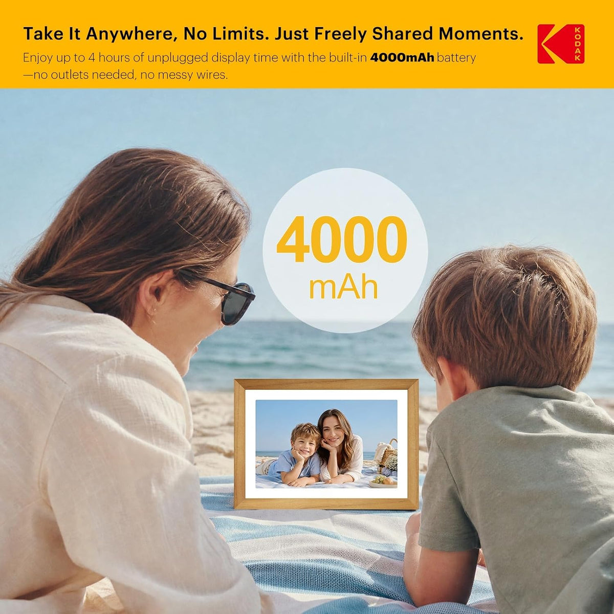 KODAK 10.1" WiFi Digital Picture Frame, Rechargeable Battery, Solid Wood