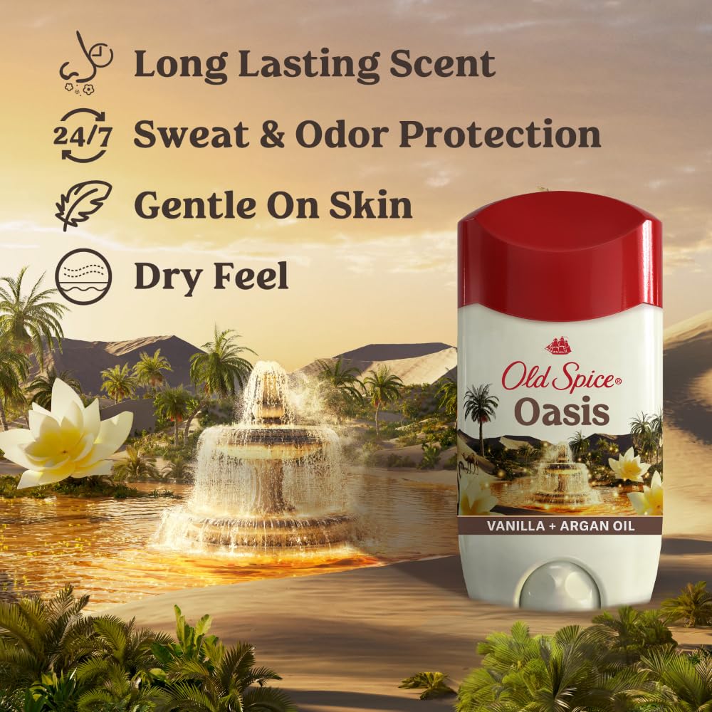 Old Spice Dry Feel Antiperspirant Deodorant for Men, 24/7 Long Lasting Freshness, 24/7 Sweat & Odor Protection, Gentle on Skin with Skin Conditioners, Oasis with Vanilla + Argan Oil Scent, 2.6 oz