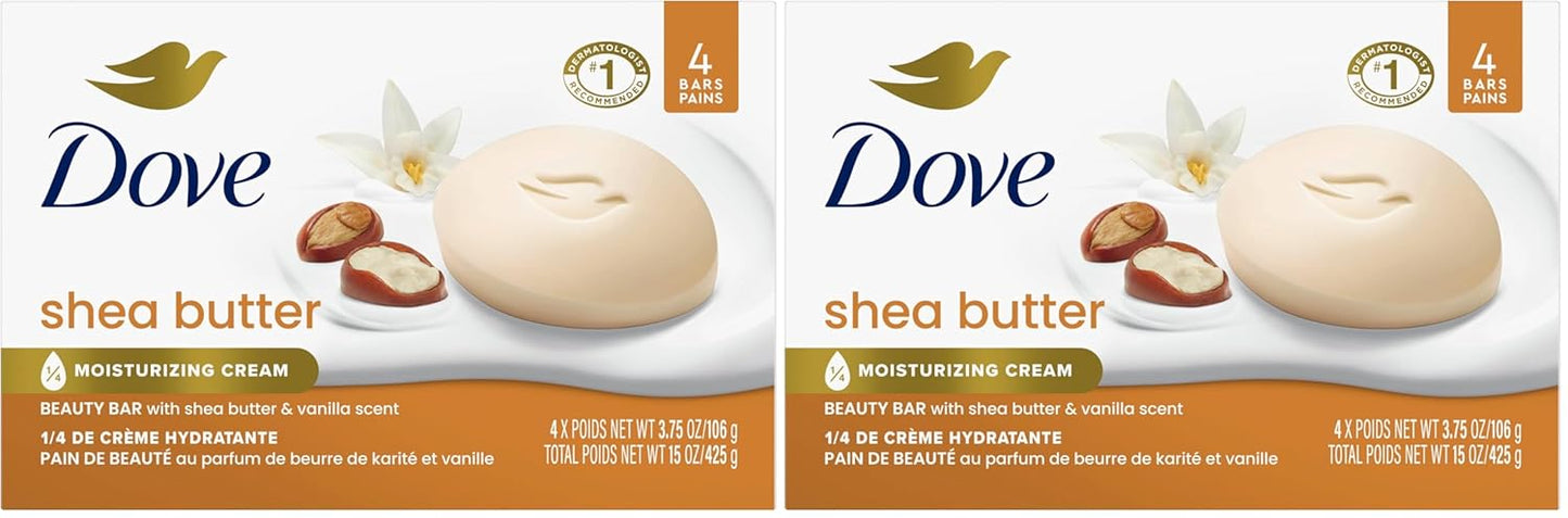 Dove Beauty Bar Soap Shea Butter for Nourished,Radiant Skin,Enriches Skin 3.75 oz,(Pack of 8)