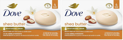 Dove Beauty Bar Soap Shea Butter for Nourished,Radiant Skin,Enriches Skin 3.75 oz,(Pack of 8)