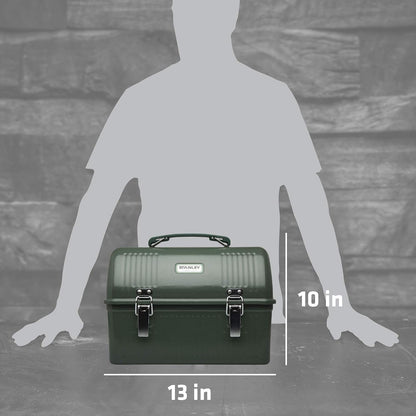 STANLEY Classic Lunch Box 10 qt | Vintage Metal Lunchbox | Durable Meal Container with Handle and Latch | Stores Food, Drinks, Thermos, Water Bottle | Hammertone Green