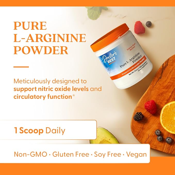 Doctor's BEST Pure L-Arginine Powder, Blood Flow Support, Vegan, 10.6 oz