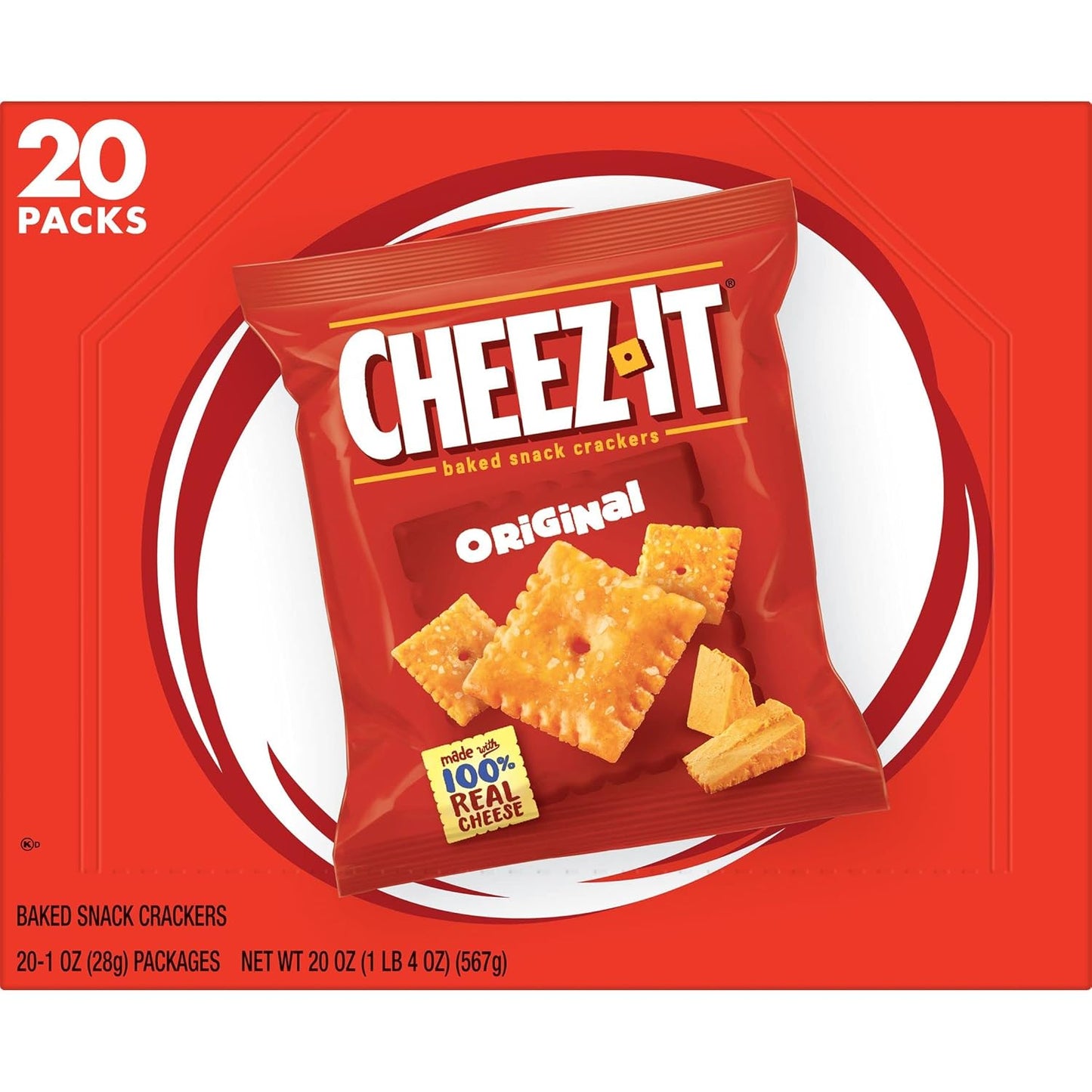 Cheez-It Cheese Crackers, Baked Snack Crackers, Lunch Snacks, Original, 20oz Box (20 Packs)