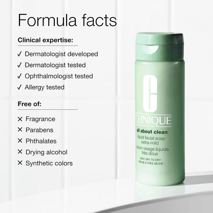 Clinique All About Clean Liquid Facial Soap Extra-Mild | Gentle Face Cleanser For Very Dry To Dry Skin Types | Type 1 Face Wash | Step 1 in 3-Step Skin Care Routine