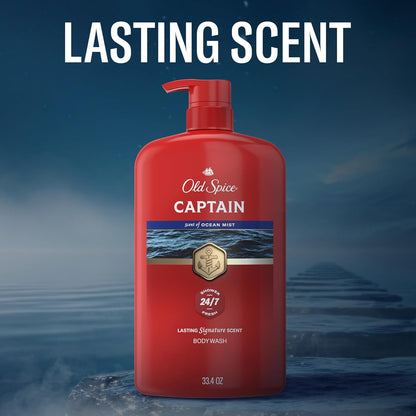 Old Spice Refreshing Body Wash for Men, 3X Defense, 24/7 Shower Fresh with Long Lasting Scent, Red Collection, Captain with Bergamot Scent, 33.4 oz