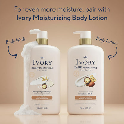 Ivory Body Wash, Deeply Moisturizing, 24hr Nourishing Hydration, Soothes Itchy Dry Skin, Made with Shea Butter Blend, Free of Dyes Heavy Perfumes Parabens & Phthalates, Oatmilk Scent, 27 oz