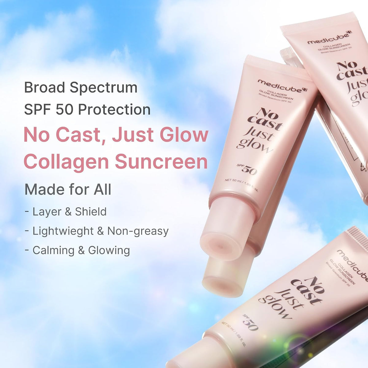 medicube Sunscreen No Cast Just Glow Collagen | SPF 50 Broad Spectrum Face Sunscreen | Lightweight, Non-Sticky, Hydrating Formula | Peptide, Cica for Soothing & Glow | Korean Skincare (Pack of 2)