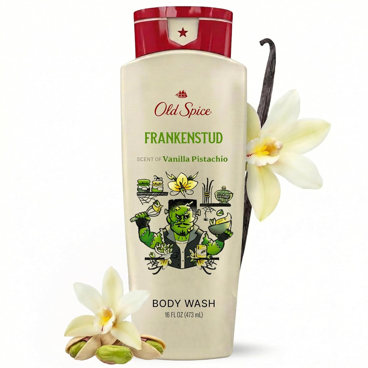 Old Spice Body Wash for Men, Fallidudes Edition, 24/7 Frightful Freshness, Long Lasting Cleanse & Refresh, Frankenstud with Vanilla Pistachio Scent, 16 oz