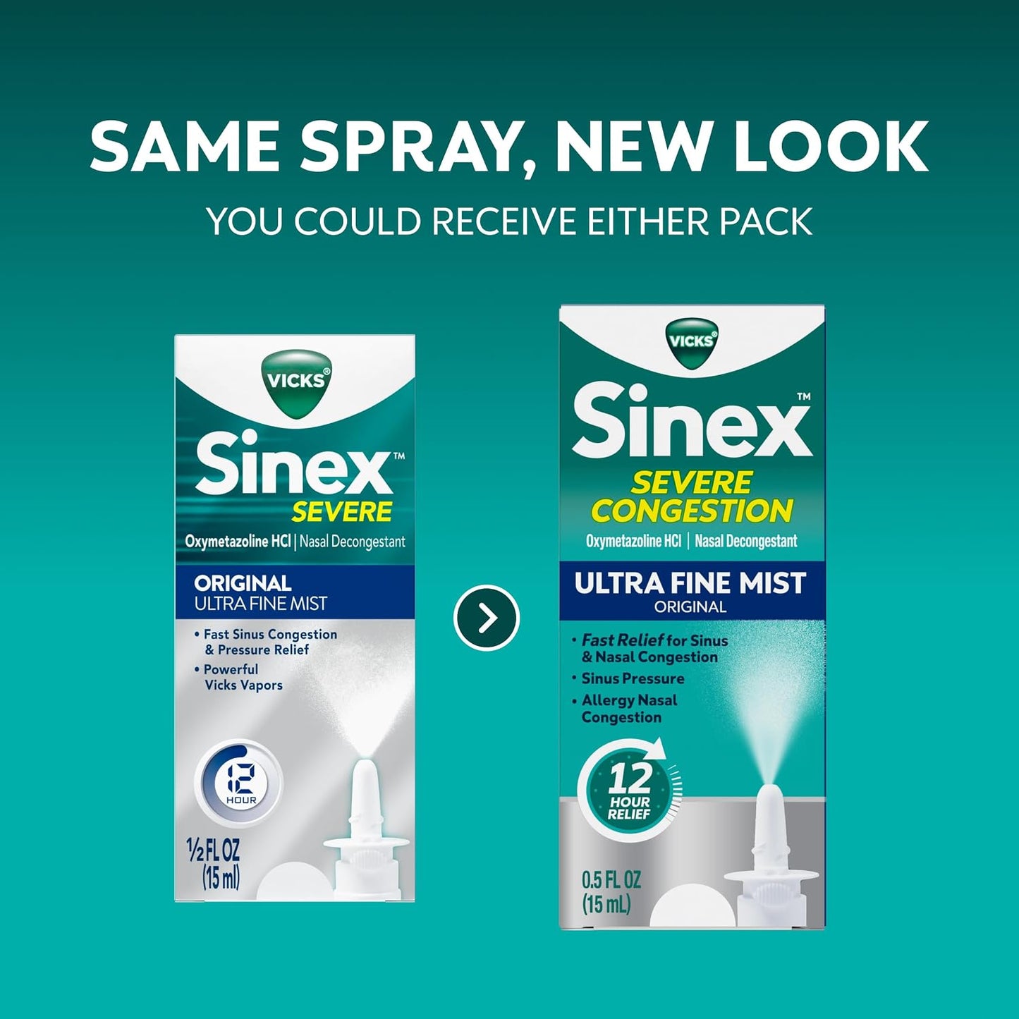 Vicks Sinex SEVERE Nasal Spray, Original Ultra Fine Mist, Decongestant Medicine, Relief from Stuffy Nose due to Cold or Allergy, & Nasal Congestion, Sinus Pressure Relief, 265 Sprays