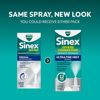 Vicks Sinex SEVERE Nasal Spray, Original Ultra Fine Mist, Decongestant Medicine, Relief from Stuffy Nose due to Cold or Allergy, & Nasal Congestion, Sinus Pressure Relief, 265 Sprays