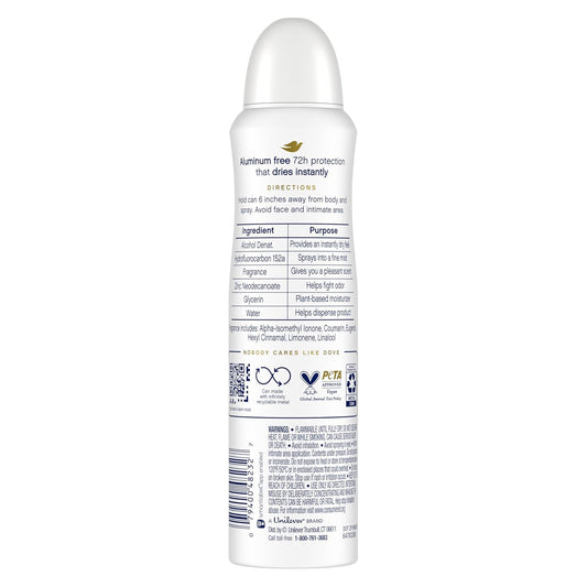 Dove Aluminum Free Deodorant Spray for Women Coconut & Pink Jasmine 72 hour odor protection 4 oz