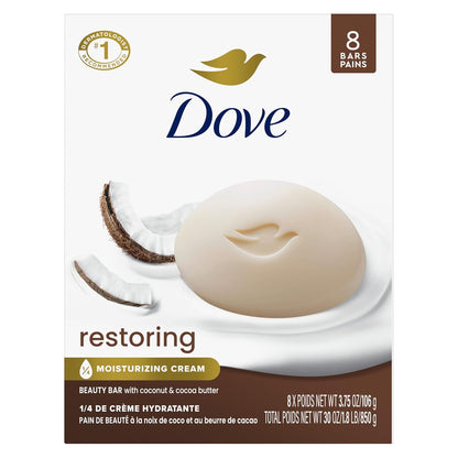 Dove Restoring Beauty Bar Soap 8 Count, Coconut & Cocoa Butter, 3.75 oz I Moisturizing beauty bar with coconut and cocoa butter for soft, nourished skin
