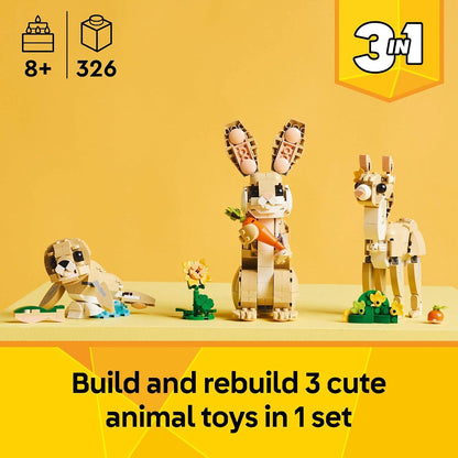 LEGO Creator 3 in 1 Cute Bunny 31162 | Building Toy, Girls & Boys, Ages 8+, Choose Your Build W/ 3 Options, 326 pcs, Display in Bedroom or Bookshelf, Gift Idea