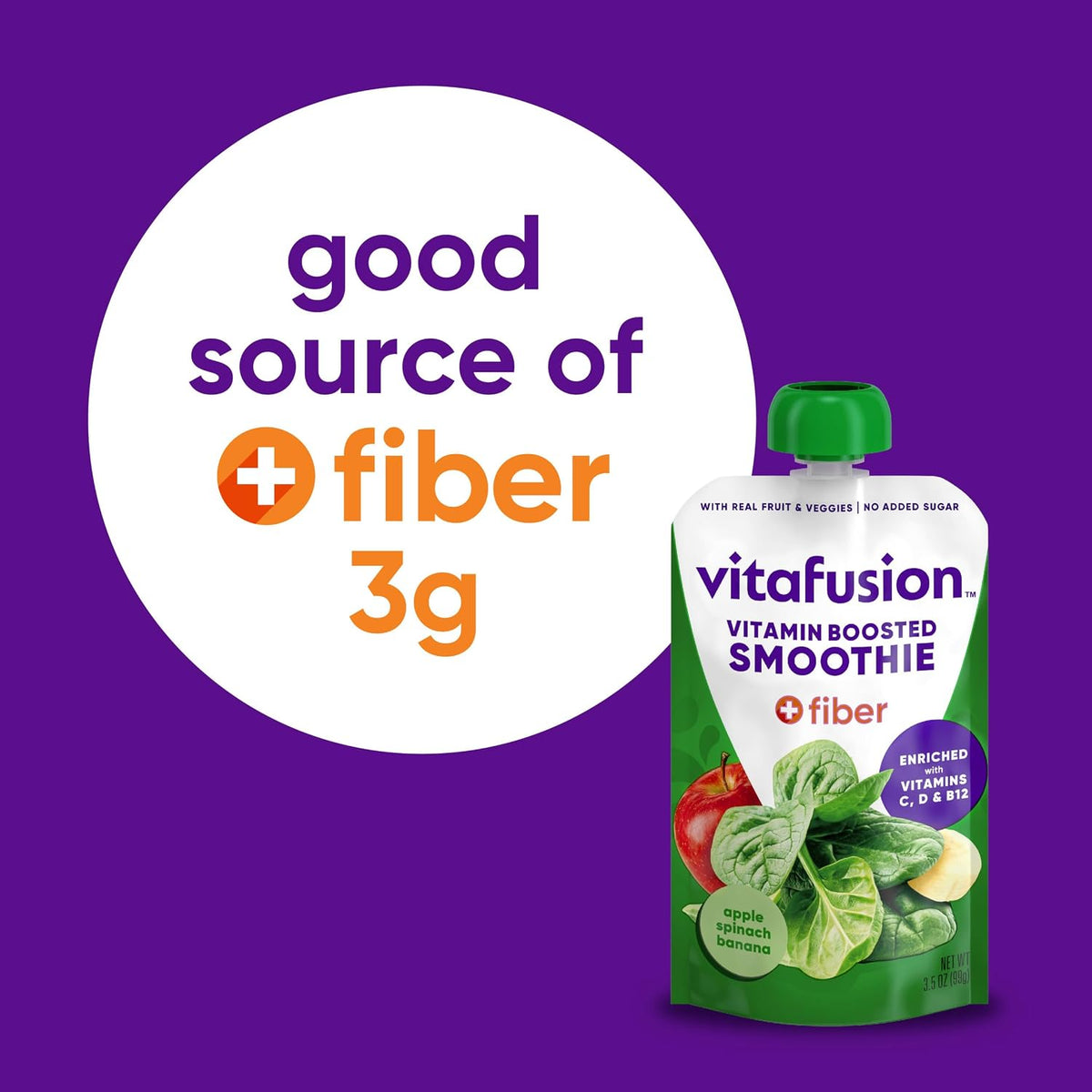 vitafusion Vitamin-Boosted Smoothie +Fiber with Energy Metabolism and Immunue Support, Apple Spinach Banana Flavor Excellent Source of Vitamins C, D, and B12, 3.5oz, 6 Count