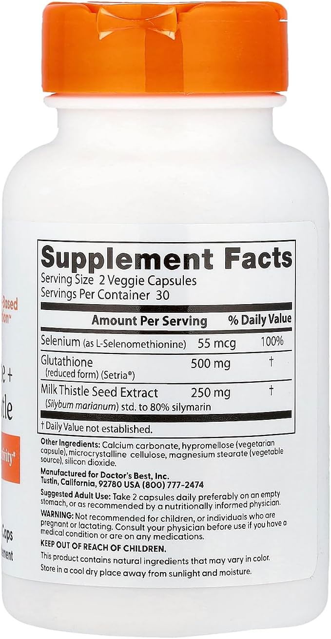 Doctor's BEST Glutathione + Milk Thistle Supplement, Non-GMO, 60 Veg Caps
