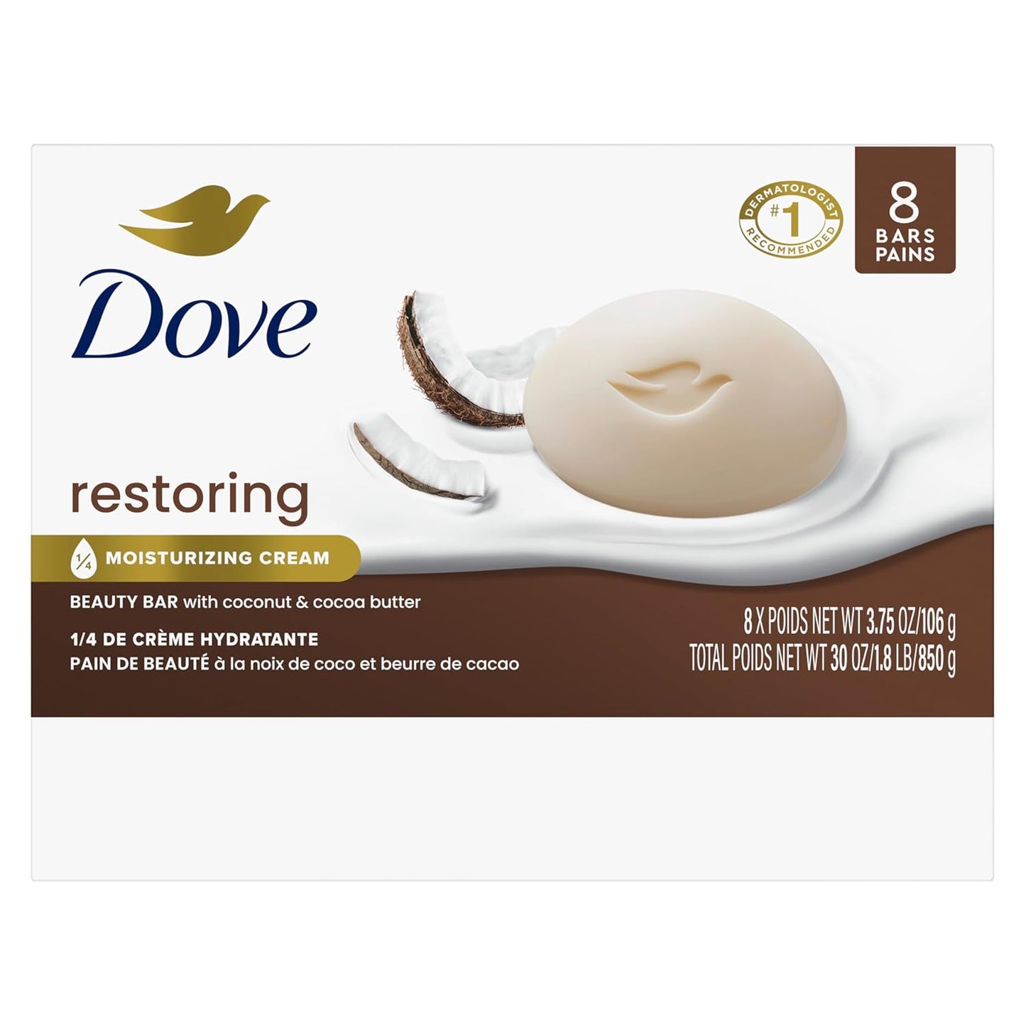 Dove Restoring Beauty Bar Soap 8 Count, Coconut & Cocoa Butter, 3.75 oz I Moisturizing beauty bar with coconut and cocoa butter for soft, nourished skin
