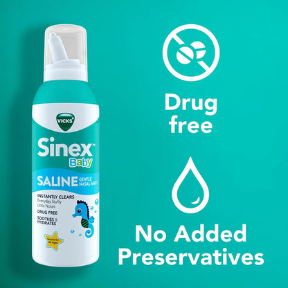 VICKS Sinex Baby Saline Nasal Spray, Drug Free Gentle Nasal Mist, Instantly Clears Everyday Stuffy Little Noses, Soothes & Hydrates, Safe For Daily Use, Gentle For All Ages, 5 OZ x 2