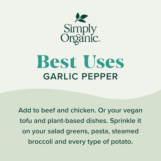 Simply Organic Garlic Pepper, 3.73 Ounce Jar, Blended with Pepper Sea Salt and Onion for Robust Flavor to any Dish