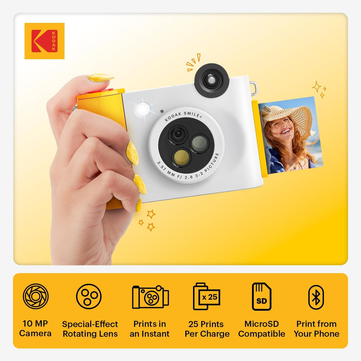 Kodak Smile+ 2-in-1 Digital Instant Camera & Wireless Bluetooth Photo Printer, 10MP, Special-Effect Rotating Lens, Zink 2x3 (5.1x7.5 cm) Sticky-Back Photos, Print via App from Smart Devices, White