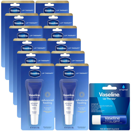 Vaseline Lip Therapy Advanced Healing Lip Balm Tube 12-Pack – White Petroleum Lip Protectant, 0.25 Oz Ea