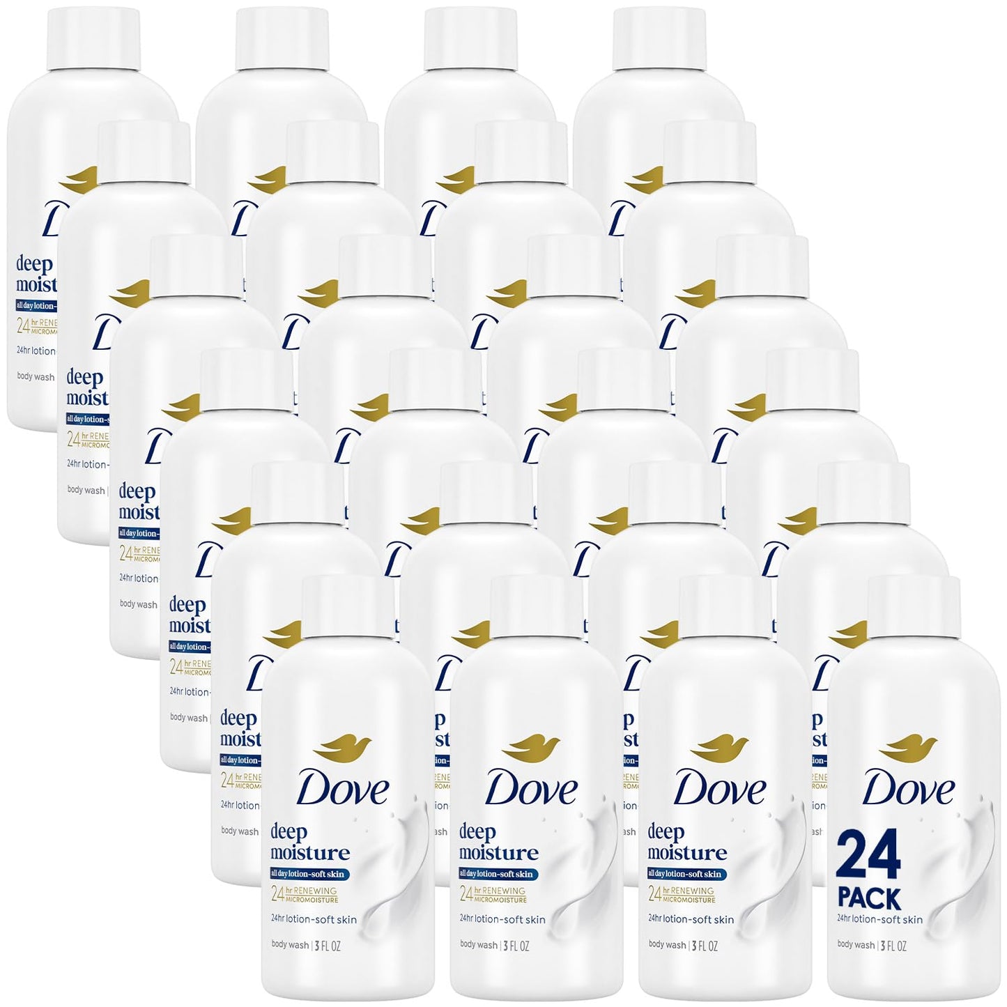 Dove Deep Moisture Body Wash 24-Pack, Travel Essentials, 3 Oz Ea