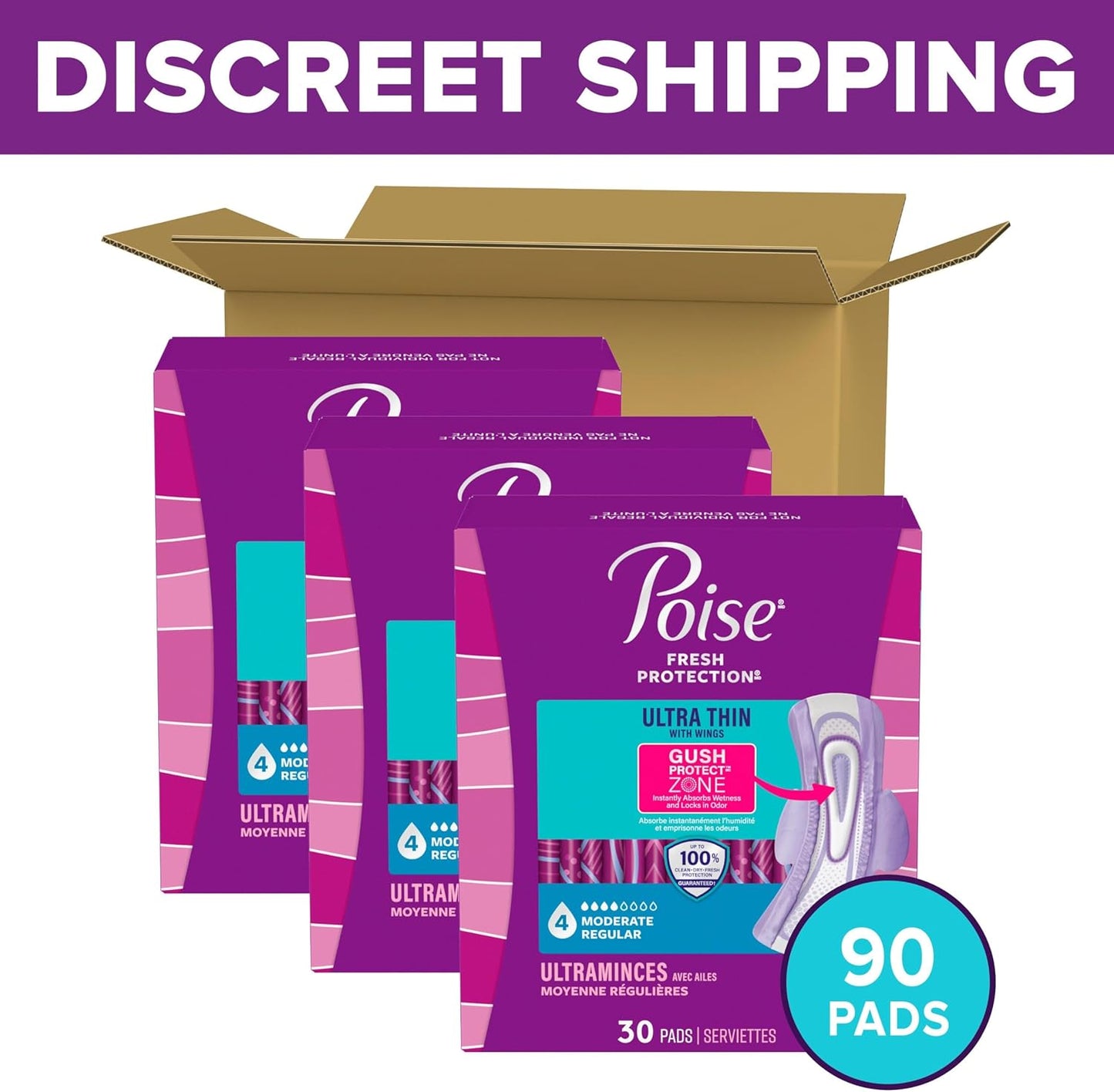 Poise Ultra Thin Incontinence & Postpartum Pads with Wings for Bladder Leaks, 4 Drop Moderate Absorbency, Regular Length, 90 Count (Packaging May Vary)