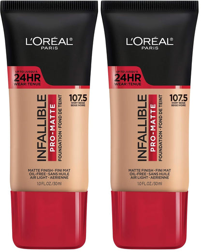 L'Oreal Paris Cosmetics Makeup Infallible Pro-Matte Liquid Longwear Foundation, Ivory Beige, 1 fl oz (Pack of 2)