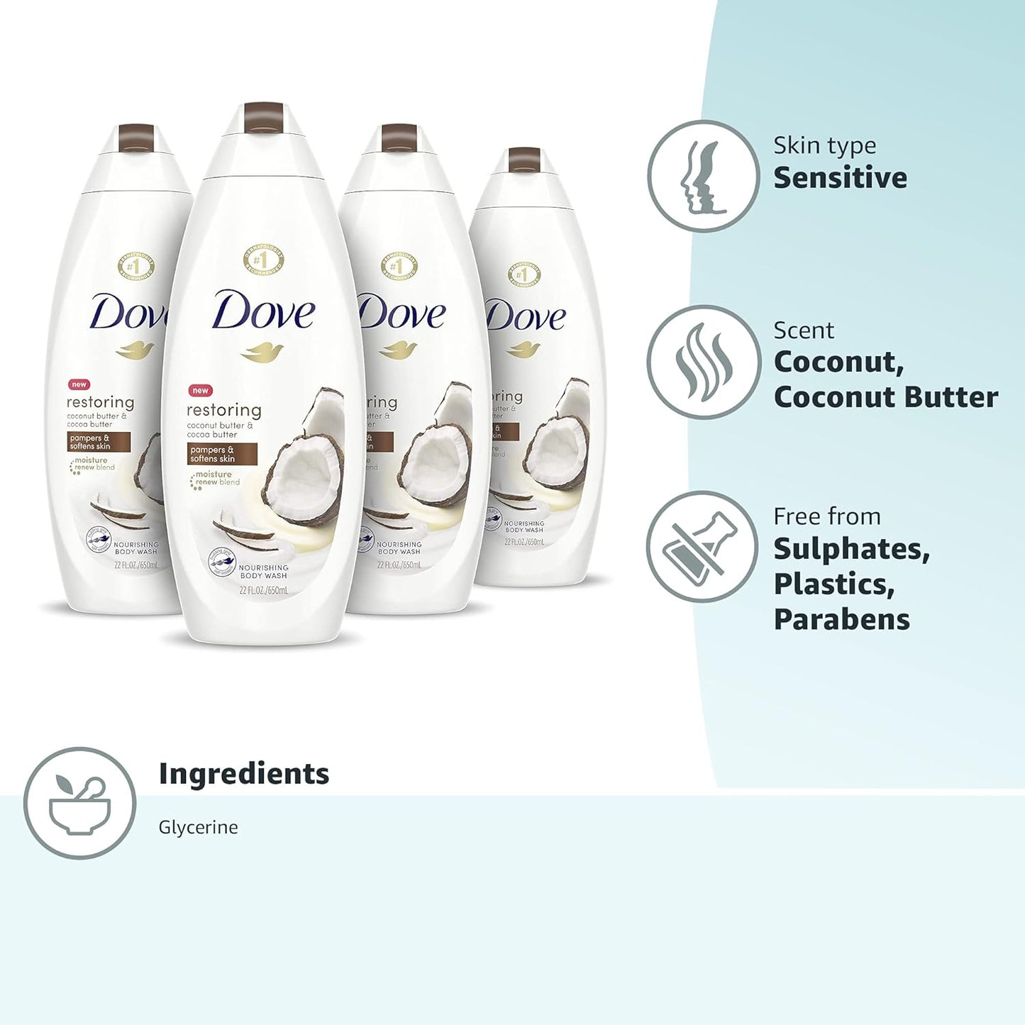 Dove Purely Pampering Body Wash for Dry Skin Coconut Butter and Cocoa Butter Effectively Washes Away Bacteria While Nourishing Your Skin 22 oz 4 count