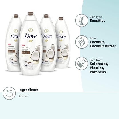 Dove Purely Pampering Body Wash for Dry Skin Coconut Butter and Cocoa Butter Effectively Washes Away Bacteria While Nourishing Your Skin 22 oz 4 count