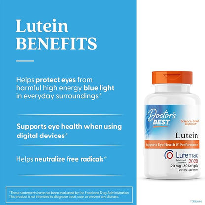 Doctor's BEST Lutein Supplement 20mg with Zeaxanthin, 60 Softgels