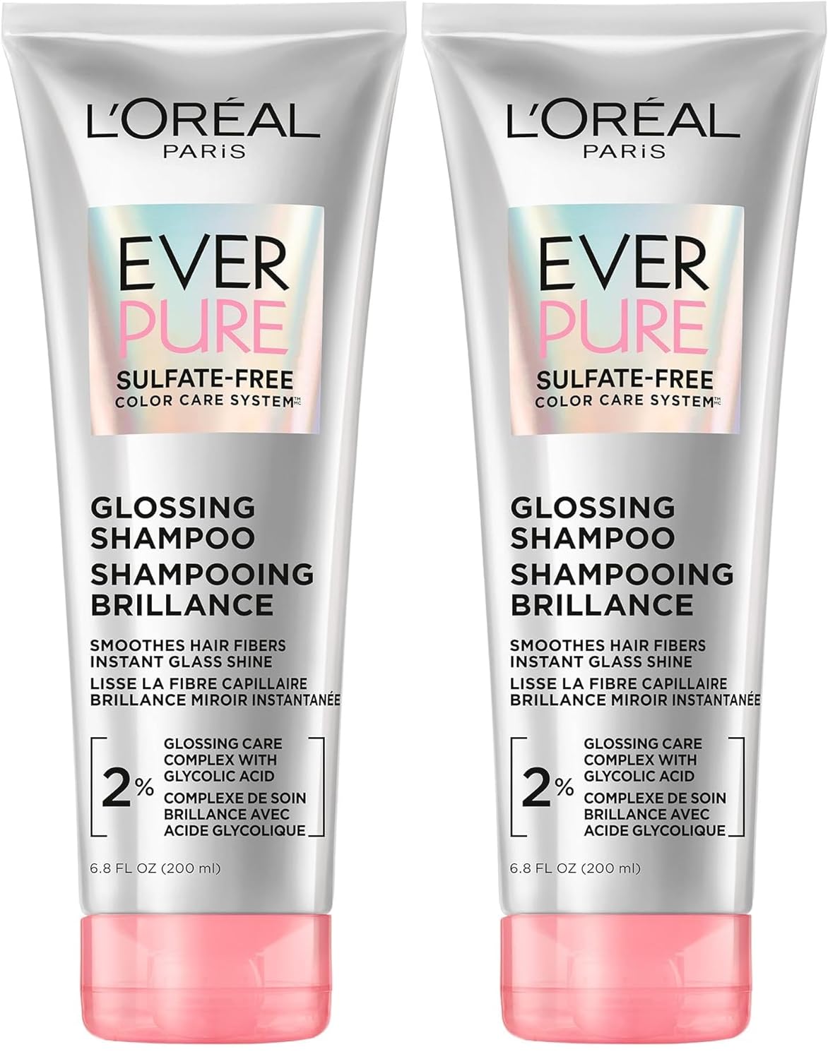 L'Oreal Paris Glossing Sulfate Free Shampoo with Glycolic Acid, Hair Care for Lasting Shine and Smoothness for Dull, Dry Hair, EverPure, 6.8 Fl Oz, (Pack of 2)